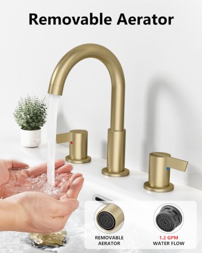 Brushed Gold Bathroom Faucet 3 Hole, 8 Inch Widespread 2-Handle | SUS304 Stainless Steel, 2-Handle Control, Pop-Up Drain, Supply Lines and Mounting Hardware for 8-Inch Widespread Vanity Sinks - color: Brushed Gold