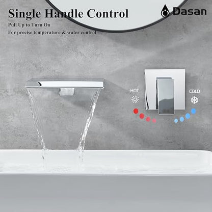 DASAN Wall Mount Waterfall Bathroom Faucet Polished Chrome in Wall Sink Faucet, Single Handle Wall Mounted Modern Faucet for Bathroom with Upgraded Rough in Valve, DA-TFD3CH-NH - color: Polished Chrome