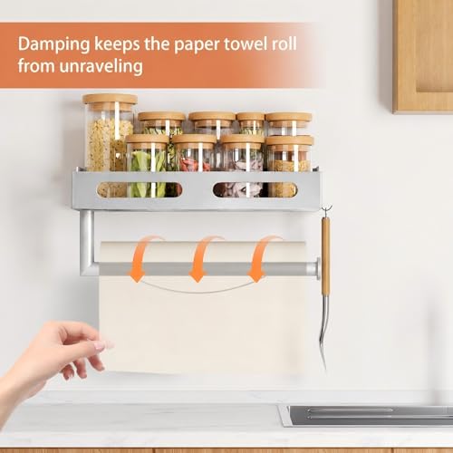Silver Paper Towel Holder Wall Mount with Shelf, Easy One Hand Tear, Adhesive Glue or Drill Mount Hanging Paper Towel Holder with Shelf for Kitchen/Bathroom/RV, Metal, 4 Hooks - color: Silver