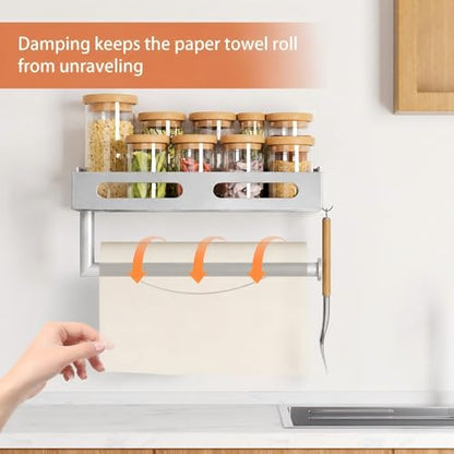 Silver Paper Towel Holder Wall Mount with Shelf, Easy One Hand Tear, Adhesive Glue or Drill Mount Hanging Paper Towel Holder with Shelf for Kitchen/Bathroom/RV, Metal, 4 Hooks - color: Silver