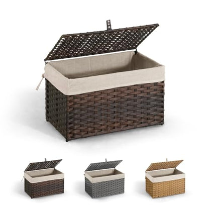 CAPHAUS Laundry Basket with Lid & Handles, Foldable Clothes Hamper, Large 65L Synthetic Rattan Storage Bin with 2 Removable Liner Bags, Collapsible Laundry Hamper, Brown - color: Brown, size: 17.2 Gal (65L)