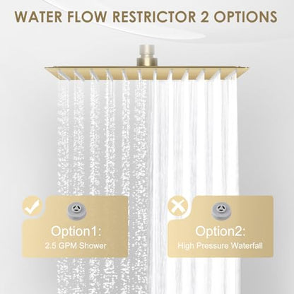 12 inch Brushed Gold Rain Shower Head - All Metal 304 Stainless Steel, Full Body Waterfall Shower with 144 Silicone Nozzles - Square Showerheads Ceiling or Wall Mount Modern Bathroom - color: Brushed Gold, size: 12 Inch Square