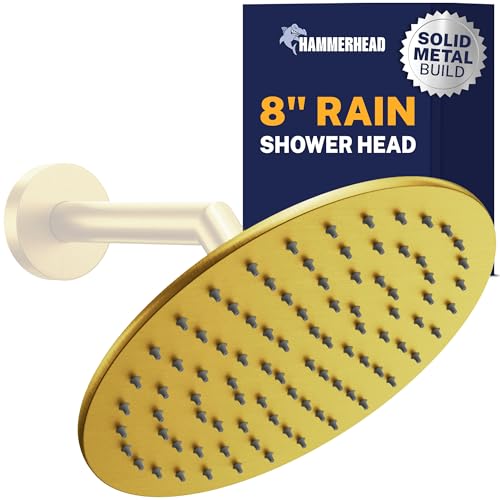 HammerHead Showers Solid Metal Round 8 Inch Rainfall Shower Head, High Flow Shower Head Optimized for Pressure, Brushed Gold, 2.5 GPM - color: Brushed Gold, size: 2.5 GPM