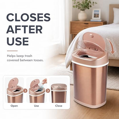 Motion Sensor Trash Can, 15L Touchless Automatic Garbage Can with Lid, Stainless Steel for Kitchen, Bathroom, Office, Quiet Soft-Close, Long Battery Life, Champagne Gold - color: Champagne gold