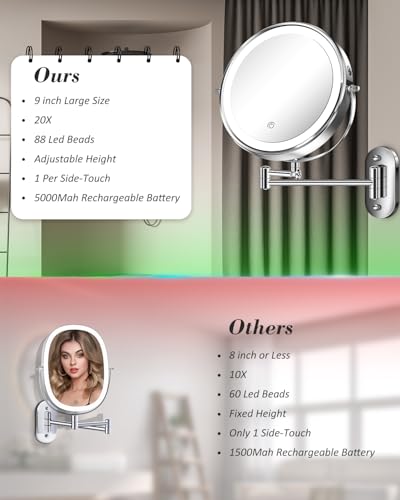 20X 9" Wall Mounted Magnifying Makeup Mirror with Light Height Adjustable | 5000mAh Double Sided Rechargeable LED Lighted Vanity Mirror with Magnification 3 Color Light up Extended Arm 360 Rotation - color: 9inches-chrome