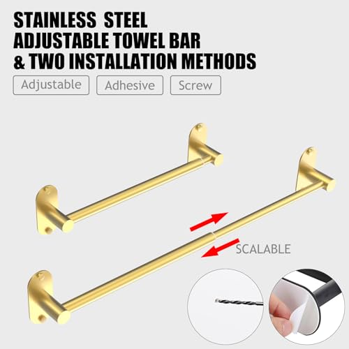 Towel Bar, Adhesive or Drill Wall Mount, Brushed Gold, 1 Pack | Adjustable 14.4 to 25.2 Inch, 304 Stainless Steel Hand Towel Holder, Round Base Towel Racks for Bathroom, Kitchen Use - color: Standard Length–gold