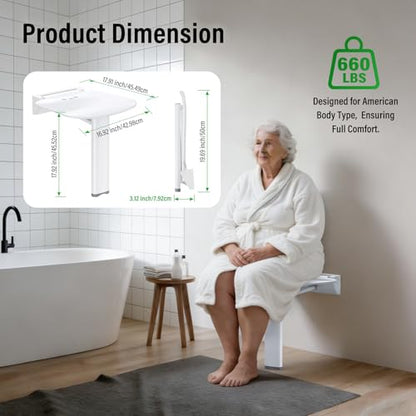16-Inch Wall-Mounted Folding Shower Seat, Stable Anti-Slip Chair Legs Foldable Shower Chair, Textured Seat Surface Suitable for Seniors Disable(ADA Compliant), Maximum Capacity 660 lb - size: 16 inches