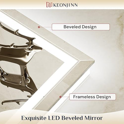 Keonjinn Beveled Lighted Mirror for Bathroom Wall 36" x 36", Tempered Glass | Frontlit & Backlit, LED Bathroom Mirror with Light, 3000K/4500K/6000K, Fast Anti-Fog, Stepless Dimmable, Memory Function - size: 36"L x 36"W