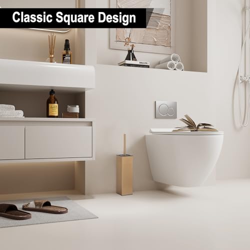 BGL Toilet Brush with Holder for Bathroom Matte Brushed Brass Aluminium Standing for Bathroom Toilet Bowl Cleaner Brush and Holder Set, Square Design - color: Matte Brushed Brass
