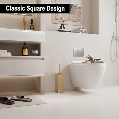 BGL Toilet Brush with Holder for Bathroom Matte Brushed Brass Aluminium Standing for Bathroom Toilet Bowl Cleaner Brush and Holder Set, Square Design - color: Matte Brushed Brass