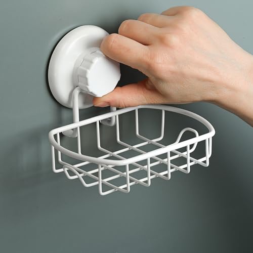 HASKO Suction Cup Soap Dish for Shower Wall, Rustproof Stainless Steel, Shower Soap Holder with Hooks for Bathroom, Includes Optional No Drill Adhesive Mount and Soap Saver, White - color: White
