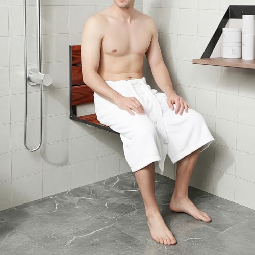 EROMMY Folding Shower Seat, 17.8" Wall Mounted Teak Shower Bench, Foldable Shower Chair for Inside Shower, Home Care Bathroom Safety Shower Chair for Elderly and Disabled, 400 lbs Capacity - size: 17.8" Folding Shower Bench