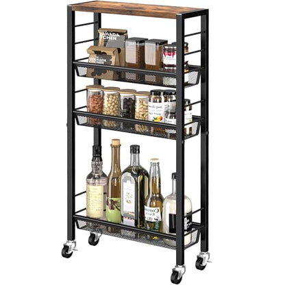 Narrow Storage Cart with Wheels,4-Tier Narrow Kitchen Carts Slim Rolling Cart,Skinny Storage Cart for Small Spaces,Rolling Utility Cart for Livingroom,Diningroom,Office,Laundry Room,Bathroom