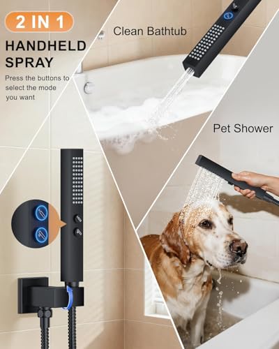 Shower System with Tub Spout, Wall Mounted Bathtub Shower Faucet Set, 12" Rainfall Shower Head and Handheld Shower Combo, High Pressure Shower Fixtures Set with Rough-in Valve, Matte Black - color: Matte Black, style: 12" Wall Mounted Shower System with T