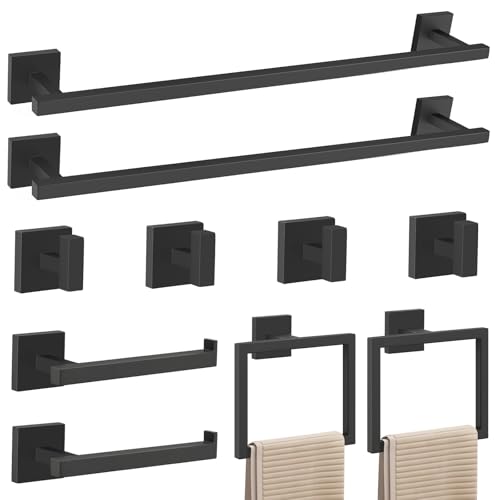 YACVCL Matte Black Towel Bar Set 10-Piece Bathroom Hardware Accessories Set,Black Bathroom Towel Holder Set 23.6 Inch Towel Bar Stainless Steel Wall Mounted Towel Rack Set - color: Matte Black, size: 10 Pieces