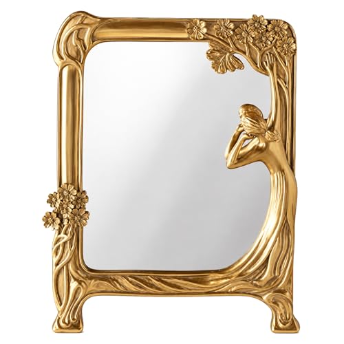 Vintage Gold Mirror Desk Decor -Antique Small Vanity Decorative, Rectangle | Table Art Nouveau with Stand, Cute Princess Frame, Tabletop Office Bedroom Furniture Room Bathroom Home Wall Accessories - color: Style6