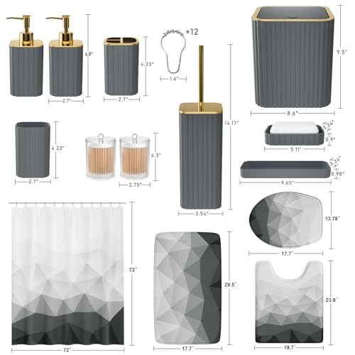 XLHOMO Bathroom Accessory Set - 26PC Bathroom Shower Curtain and Rug Set, Bathroom Accessories Set, Grey Bathroom Set with Trash Can, Toilet Brush, Qtip Holder & Soap Dispenser - style: Grey