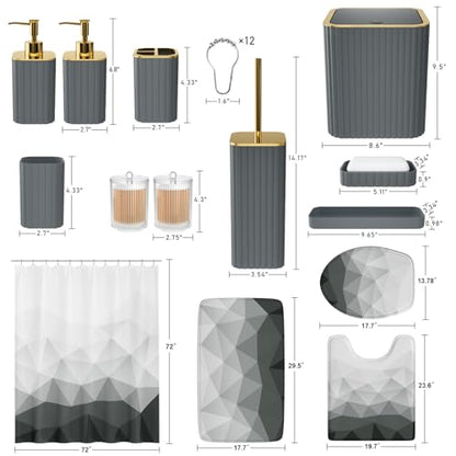 XLHOMO Bathroom Accessory Set - 26PC Bathroom Shower Curtain and Rug Set, Bathroom Accessories Set, Grey Bathroom Set with Trash Can, Toilet Brush, Qtip Holder & Soap Dispenser - style: Grey