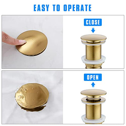JONKEAN Bathroom Pop Up Drain Without Overflow,Vanity Vessel Sink Drain with Detachable Strainer Basket,Pop Up Drain Stopper Hair Catcher, Built-in Anti-Clogging Strainer(Brushed Gold) | Built-in Anti-Clogging Strainer, Brass and 304 Stainless Steel for 1