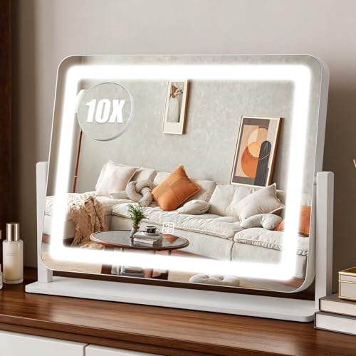 Rechargeable Vanity Mirror with Lights, 3000mAH Battery, 16"×12.4" LED Makeup Mirror, 10X Magnification, Smart Touch with 3-Color Lighting, 360° Rotation, Lighted Up for Makeup Desk, Bedroom (White) - color: White, size: 16"L x 12.4"W