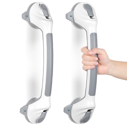 KVANT Shower Grab Bars for Seniors, 16.5 Inch Shower Handle (Gray White) | Safety Signal Indicators, Strong Suction Cup, Easy Installation, No Drill, Removable, Anti-Slip, Waterproof - color: Gray White