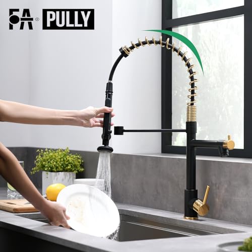 Fapully Black&Gold Kitchen Faucet with Sprayer,Commercial Pull Down | Kitchen Faucet for Kitchen Sink, 360 Swivel Sinlge Handle Single Hole - color: Black&Gold, style: Classic