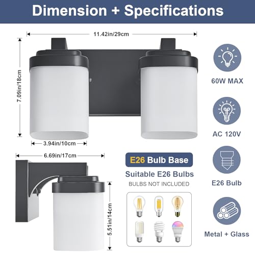 10 Inches Bathroom Vanity Light, 2-Light Black Bathroom Light Fixtures Over Mirror, Bathroom Light Shower Lamp with Milky White Square Glass Shade, Modern Farmhouse Lighting Fixtures - color: Black, size: 10 Inch : 2-lights
