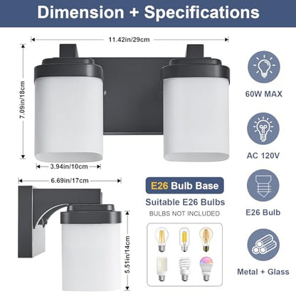 10 Inches Bathroom Vanity Light, 2-Light Black Bathroom Light Fixtures Over Mirror, Bathroom Light Shower Lamp with Milky White Square Glass Shade, Modern Farmhouse Lighting Fixtures - color: Black, size: 10 Inch : 2-lights