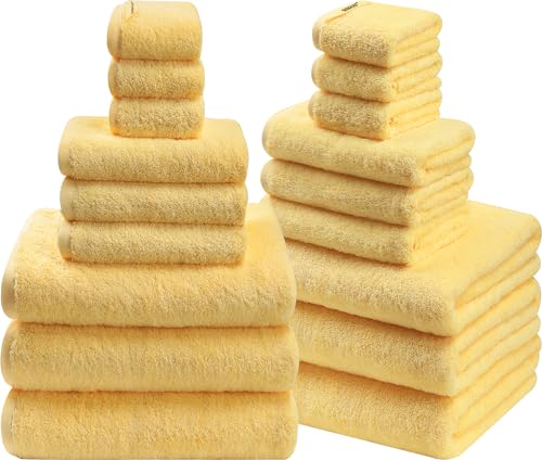 18-Piece Cotton Bath Towel Set with Hanging Loops for Bathroom, Yellow | Stock-up towel set for family bathrooms, guest baths, multi-bath homes, and wash-day rotation, OEKO-TEX certified, easy care - color: A01: Yellow