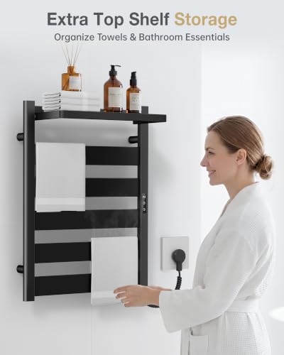 6-Bar Wall Mounted Heated Towel Rack, 170°F Heating Black | Bathroom Towel Warmer with Top Shelf, Memory Function, Adjustable 110–170°F Temperature, 2–12H Timer, Space Saving Design - color: Black, size: ZW 6-Bars