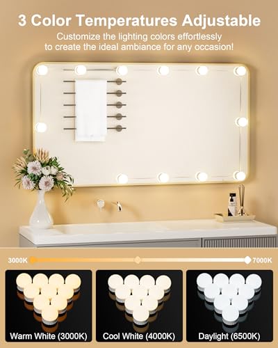 12 Bulbs LED Vanity Lights for Mirror, 3000K 4000K 6500K & 10-Brightness, Wire Length Adjustable, USB Cable, Hollywood Mirror Lights for Makeup Dressing Room Bathroom, White - size: 12 Dimmable Bulbs