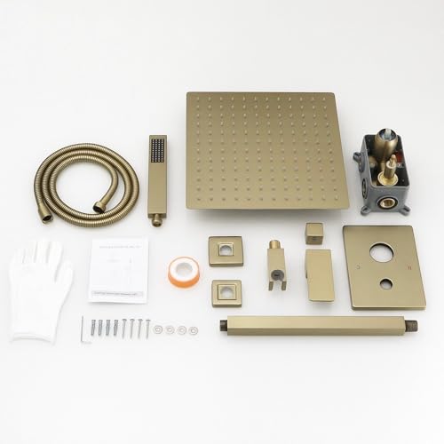 12 Inch Brushed Gold Ceiling Mount Shower System Bathroom Luxury Rain Mixer Shower Combo Set Ceiling Rainfall Shower Head System Faucet Contain Rough-in Valve and Trim Included - color: Brushed Gold, size: 12 Inch