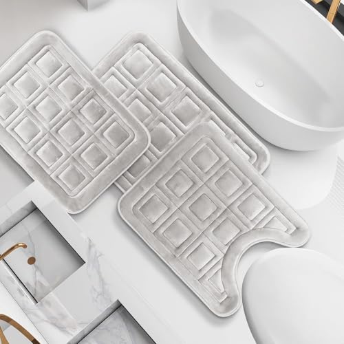 Clara Clark Set of 3 Bath Mats, Non-Slip Velvet Memory Foam Bathroom Rugs, Machine Wash, Soft and Plush Bath Rugs, 17 x 24 Inch, 20 x 32 Inch & U-Shaped 20 x 24 Inch, Waffle Design - Silver - color: Silver