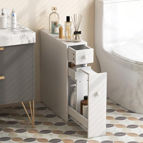 Tangkula Slim Storage Cabinet, Free Standing, with Slide Out Drawers, Narrow Floor Bathroom Organizer Next to Toilet, Toilet Paper Holder, 19 x 6.5 x 23 Inches (White) - color: White