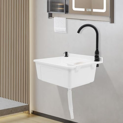 Wall-Mounted Utility Sink Tub Kit with Aluminum Alloy Faucet and Soap Box,Black Anti-clogging Laundry Sink for Bathrooms, Sundry Rooms, Garages(20.08 * 17.52 * 9.45in) - color: White