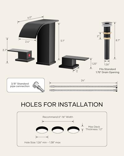 AVSIILE Matte Black Waterfall Bathroom Faucet 3 Hole, 8 Inch Widespread Modern 3 Piece Bathroom Sink Faucet, Touch On Lavatory Faucet for Vanity RV Restroom, Curved Spout - color: Black, style: Curved Spout