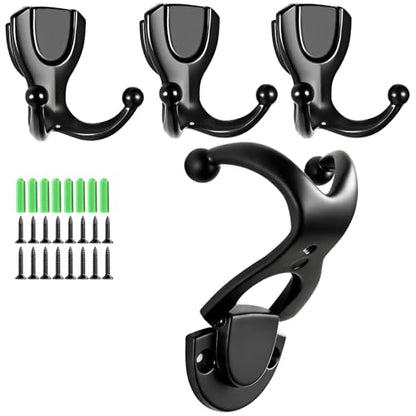 Coat Hooks Wall Hooks for Hanging, Metal Hooks Wall Mounted for Coat Heavy Duty Double Wall Hooks for Hanging Hat, Towel, Key, Robe, Coats, Scarf, Bag, Cap, Coffee Cup, Mugs (4, Black) - color: Black