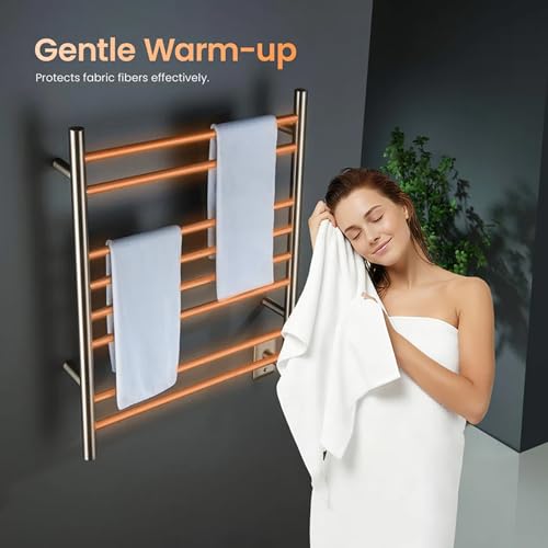 Kibi 24 Inch Wall-Mounted Electric Towel Warmer Rack– 8-Bar 304 Stainless Steel, ETL-Certified, Hardwired or Plug-in, Fast-Heat Up to 122 Degrees F – Heated Towel Rack for Bathroom (Brushed Nickel) - color: Brushed Nickel