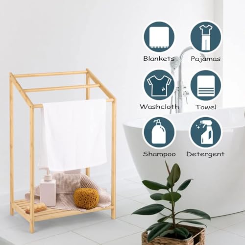 Bamboo Towel Rack Stand, Hand Towels Stand Holder, Freestanding Blanket Rack with Bottom Storage Shelf for Bathroom, Bedroom, Laundry Room
