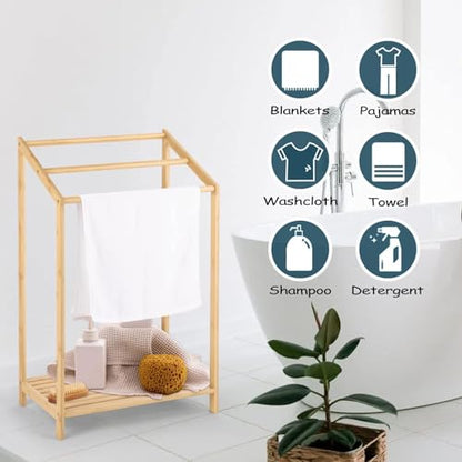 Bamboo Towel Rack Stand, Hand Towels Stand Holder, Freestanding Blanket Rack with Bottom Storage Shelf for Bathroom, Bedroom, Laundry Room