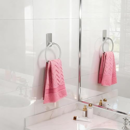 Strong Adhesive Towel Rings for Bathroom Wall Mounting Hand Towel Holder with Large Base Strong Sticky Hook Stick on Hook - color: Silver