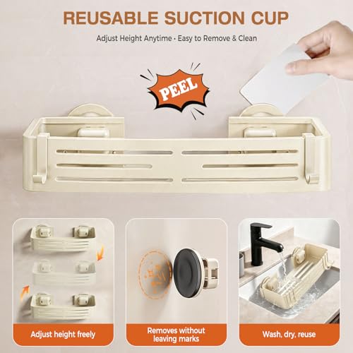Lekesky Suction Cup Shower Caddy, No Drill Shower Shelf, Aluminum Rust Proof Bathroom Shower Organizer with 12 Hooks, （2-Pack, Cream） - color: Cream