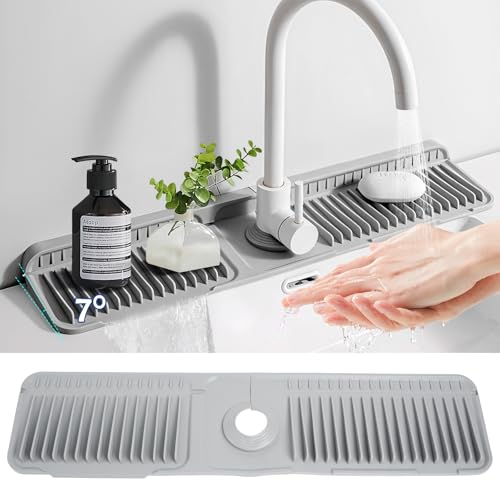 24"Longer Silicone Faucet Mat For Kitchen Sink Splash Guard Gray, 24"x5.5" | 7° Slope Snap Lock- Sink Faucet Mat Splash Guard Kitchen Sink Area Silicone Sink Water Splash Guard Behind Faucet - color: Gray
