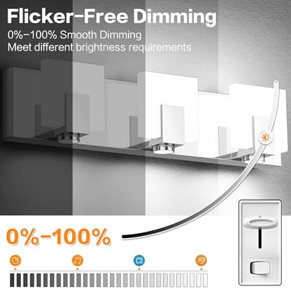 SOLFART Bathroom Light Fixtures Over Mirror Chrome Dimmable LED Vanity Lights 4 Lights Stainless Steel Acrylic Shade - color: Chrome,Spotlight Model-6000K,100%-0% Dimmble Brightness, size: 4- Light,27Inch
