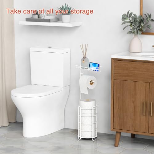 Goozii White Toilet Paper Holder Stand with Shelf, Free Standing Bathroom Tissue Holder for Large Mega Rolls, Metal Floor Toilet Paper Roll Holder with Wipes Storage and Phone Tray (White) - color: White
