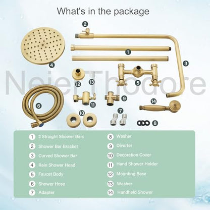 NeierThodore Antique Brass Bathroom Shower Faucet System Set 8 Inch Rainfall Shower Head Handheld Spray 2 Knobs Mixing - color: Antique Brass, size: 8 Inch 2 Modes