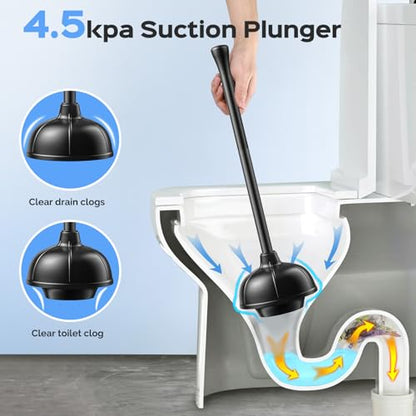 HAMITOR Toilet Plunger and Brush Set: 2 in 1 Stainless Steel Combo with Curved Bristles - Heavy Duty Toilet Unclogging for Family Bathroom - Compact Hideaway Apartment Cleaning Accessories - Black - color: Black
