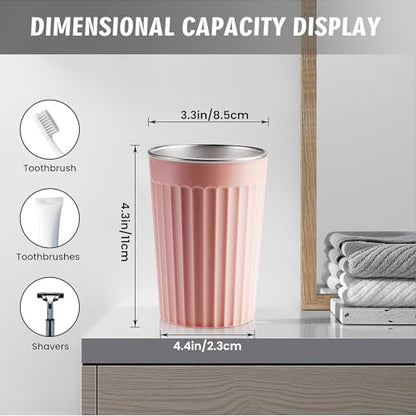 Toothbrush Cup Holder for Bathroom,Reusable Stainless Steel Bathroom Cup | 3"x4.5" Unbreakable Pink Bathroom Tumbler Cup ,300ml Easy To Clean Striated Mouthwash Cup - color: Pink