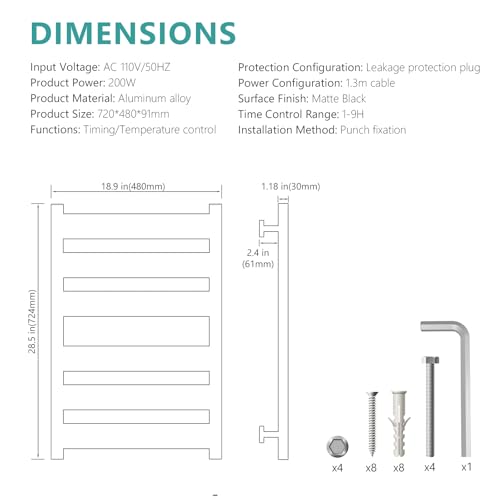 Towel Warmer Rack 6 Bars Towel Warmer Wall Mounted with Timer & Temperature Adjustments Electric Heated Towel Drying Racks for Bathroom