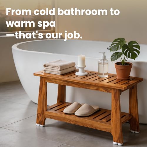 NNN 30" Commercial Heavy Duty Teak Shower Bench, Patented, Non-Slip Stable | with 8 Japan-Made Non-Slip Leveling Feet, Mortise-Tenon Legs 350lb, Pre-Oiled European Teak Oil, Marine-Grade Hardware - size: 30"W x 14" Dx 18"H
